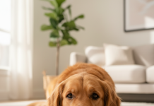 Brit Veterinary: Köpeğiniz İçin En İyi 5 Mama Önerisi A photorealistic, heartwarming close-up shot of a beautiful, healthy-looking Golden Retriever lying comfortably on a plush, light-colored rug in a brightly lit, modern living room