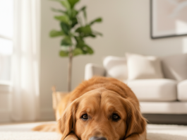 A photorealistic, heartwarming close-up shot of a beautiful, healthy-looking Golden Retriever lying comfortably on a plush, light-colored rug in a brightly lit, modern living room