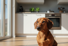 Dachshund Köpekler İçin En İyi Mama Nasıl Seçilir? A photorealistic, heartwarming shot of a healthy standard smooth-haired red Dachshund in a modern, sunlit kitchen
