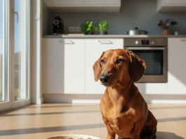 A photorealistic, heartwarming shot of a healthy standard smooth-haired red Dachshund in a modern, sunlit kitchen