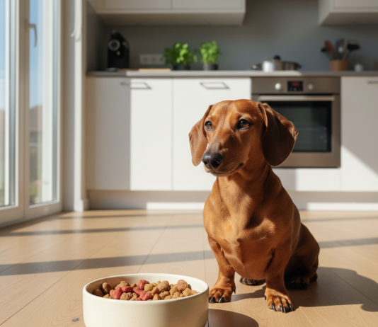 A photorealistic, heartwarming shot of a healthy standard smooth-haired red Dachshund in a modern, sunlit kitchen