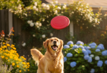 A happy, healthy adult Golden Retriever is joyfully playing in a lush, green backyard on a sunny day