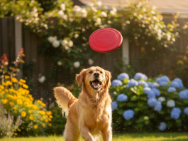 A happy, healthy adult Golden Retriever is joyfully playing in a lush, green backyard on a sunny day