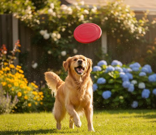A happy, healthy adult Golden Retriever is joyfully playing in a lush, green backyard on a sunny day