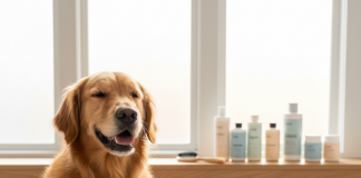 A photorealistic, heartwarming shot of a happy golden retriever sitting patiently on a plush, light gray mat in a brightly lit, modern bathroom