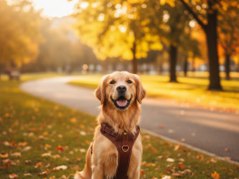 A photorealistic, eye-level shot of a happy Golden Retriever sitting in a sun-dappled city park during early autumn
