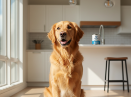 A photorealistic shot of a happy and healthy Golden Retriever sitting on a clean, light-colored wooden floor in a modern kitchen