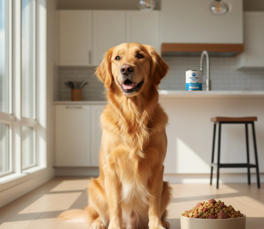 A photorealistic shot of a happy and healthy Golden Retriever sitting on a clean, light-colored wooden floor in a modern kitchen