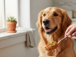A photorealistic, heartwarming shot of a happy, healthy medium-sized dog, like a Golden Retriever or a Beagle, looking eagerly at a freshly opened can of premium Chefs Choice dog food