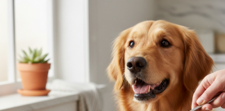 A photorealistic, heartwarming shot of a happy, healthy medium-sized dog, like a Golden Retriever or a Beagle, looking eagerly at a freshly opened can of premium Chefs Choice dog food