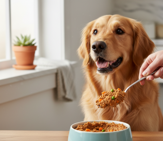 A photorealistic, heartwarming shot of a happy, healthy medium-sized dog, like a Golden Retriever or a Beagle, looking eagerly at a freshly opened can of premium Chefs Choice dog food