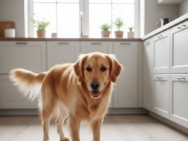 A photorealistic, heartwarming shot of a healthy and happy Golden Retriever looking eagerly at its food bowl in a bright, modern kitchen
