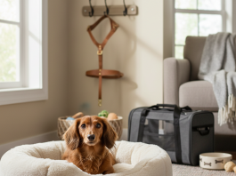 A photorealistic, heartwarming shot of a charming long-haired brown Dachshund resting comfortably in a plush, supportive dog bed