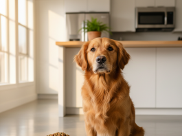 A photorealistic, heartwarming shot of a healthy adult Golden Retriever sitting patiently beside its full food bowl in a bright, modern kitchen