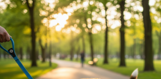 A photorealistic, heartwarming shot of a happy mixed-breed dog, possibly a beagle mix, on a walk in a lush, green city park during the golden hour