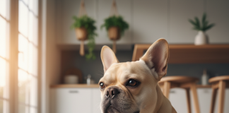 A photorealistic close-up of a happy and healthy fawn-colored French Bulldog