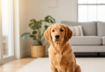 A photorealistic, heartwarming shot of a vibrant Golden Retriever puppy sitting attentively on a light-colored hardwood floor in a sunlit living room