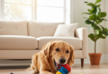A vibrant, photorealistic shot of a happy Golden Retriever in a bright, sunlit living room