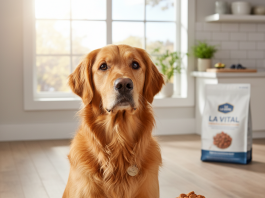 A photorealistic shot of a vibrant, healthy Golden Retriever sitting attentively next to a sleek, white ceramic bowl filled with La Vital salmon-based kibble