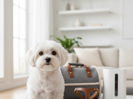 A stunning, photorealistic shot of an elegant white Maltese dog sitting patiently on a plush, light grey velvet cushion