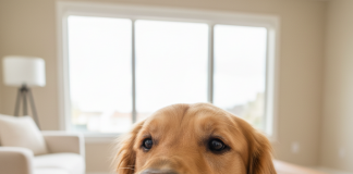 A photorealistic, heartwarming close-up shot of a happy golden retriever gently taking a small, dark-colored dog treat from its owner's outstretched hand