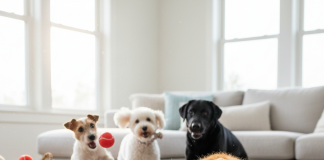 A photorealistic, heartwarming shot of a variety of happy dogs playing indoors in a bright, modern living room