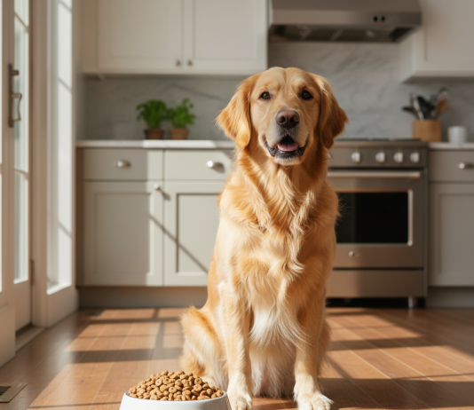 A photorealistic, heartwarming shot of a healthy, happy Golden Retriever sitting patiently in a bright, modern kitchen