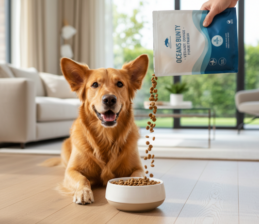 A photorealistic shot of a healthy and happy Golden Retriever with a shiny coat, sitting on a light-colored wooden floor in a brightly lit, modern living room