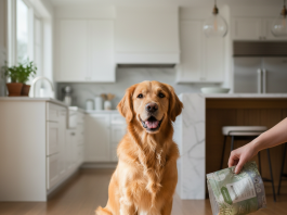 A photorealistic, heartwarming shot of a healthy and happy adult Golden Retriever in a bright, modern kitchen