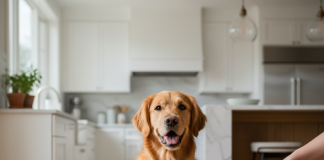 A photorealistic, heartwarming shot of a healthy and happy adult Golden Retriever in a bright, modern kitchen
