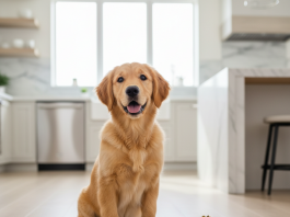 A vibrant, healthy Golden Retriever puppy is the star of this photorealistic shot