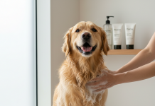 A photorealistic shot of a happy Golden Retriever sitting patiently on a soft white towel in a brightly lit, modern bathroom