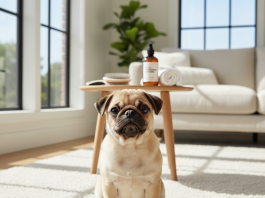 A photorealistic, heartwarming shot of an adorable fawn Pug sitting on a plush, light-colored rug in a brightly lit, modern living room
