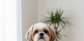 A beautifully groomed, healthy Shih Tzu with a pristine white and gold coat sitting regally on a plush, light grey cushion in a brightly lit, modern living room