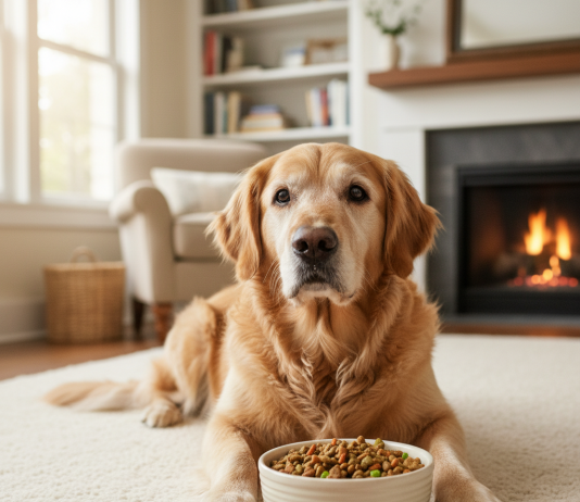 A photorealistic, heartwarming shot of a senior Golden Retriever with a gentle, wise expression and graying fur around its muzzle