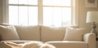 A vibrant, photorealistic shot capturing the pure joy of a golden retriever puppy in a brightly lit, modern living room