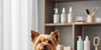 A beautifully groomed, happy Yorkshire Terrier is sitting elegantly on a plush, light grey rug in a bright, minimalist room