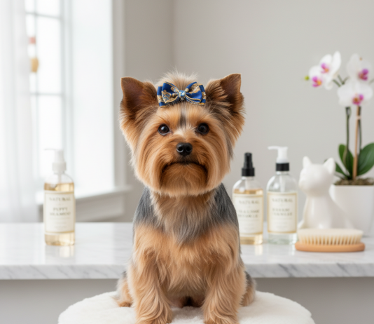 A beautifully groomed Yorkshire Terrier with a silk bow in its hair is sitting proudly on a plush white cushion