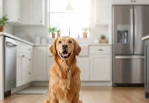 A photorealistic, heartwarming shot of a happy Golden Retriever sitting patiently on a clean, light-colored wooden floor in a modern, sunlit kitchen