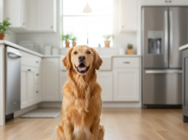 A photorealistic, heartwarming shot of a happy Golden Retriever sitting patiently on a clean, light-colored wooden floor in a modern, sunlit kitchen