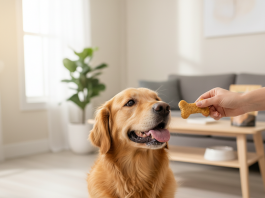 A photorealistic, heartwarming shot of a happy golden retriever sitting on a light-colored wooden floor in a brightly lit, modern living room
