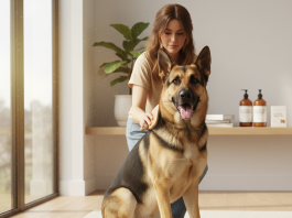 A majestic, healthy-looking German Shepherd is being gently groomed by its owner in a bright, clean, modern home setting