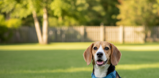 A photorealistic, heartwarming shot of a happy tri-color Beagle sitting attentively on a lush green lawn