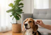 A photorealistic, heartwarming shot of a cheerful tri-color Beagle sitting patiently on a clean, light-colored rug in a brightly lit living room