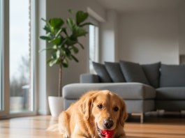 A photorealistic image captures a happy Golden Retriever lying on a warm hardwood floor in a brightly lit, modern living room