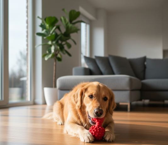 A photorealistic image captures a happy Golden Retriever lying on a warm hardwood floor in a brightly lit, modern living room