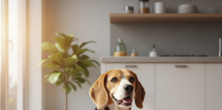 A photorealistic, heartwarming shot of a healthy, happy Beagle sitting patiently in a modern, brightly lit kitchen next to its full food bowl