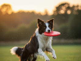 A stunningly beautiful, photorealistic shot of a classic black and white Border Collie in mid-action, catching a frisbee in a lush, green field during the golden hour