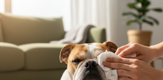 A photorealistic, heartwarming close-up shot of a healthy and happy English Bulldog