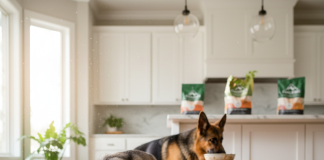A photorealistic, heartwarming shot of three different dogs enjoying Challenge brand dog food in a sun-drenched, modern kitchen